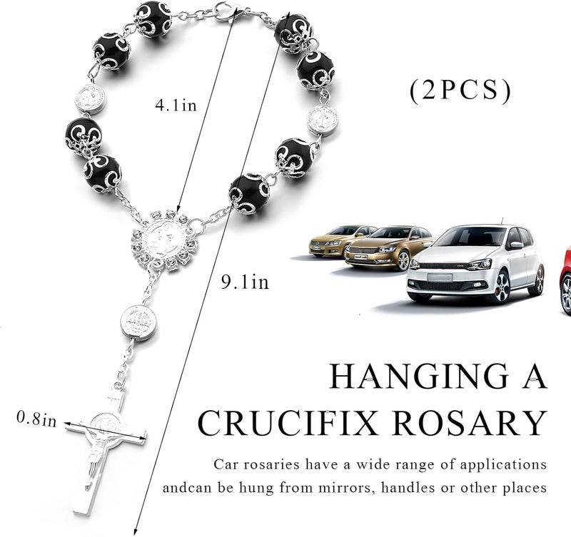 SHMZK 2 PCS Car Rosary for Rearview Mirror, Personalized Blessing Hanging Pendant for Car Rear View Mirror, Cross Rosary Ornament Interior Decor for Most Vehicles, Car Accessories (Black) - Image 2